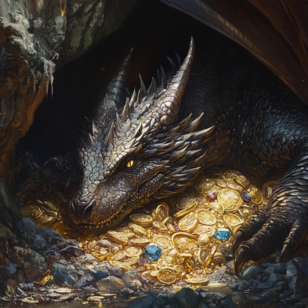 Photo a dragon with a yellow eyes sits in a cave