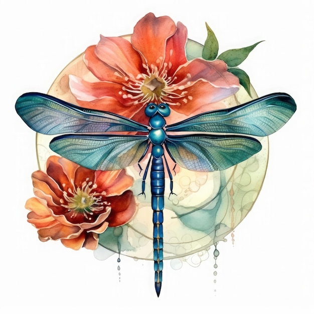 Dragonfly Flower Watercolor Clipart Watercolor Dragonfly Flower Generated by AI