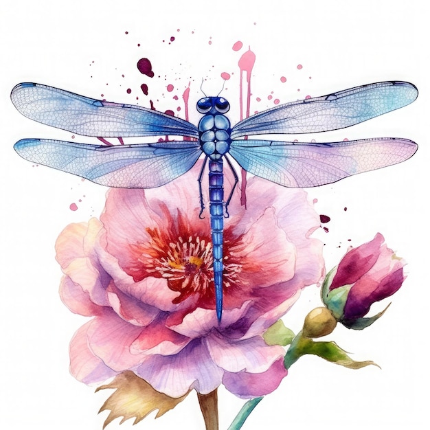 Dragonfly Flower Watercolor Clipart Watercolor Dragonfly Flower Generated by AI