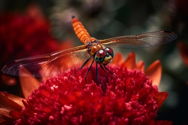 A dragonfly on a flower with a red flower in the background