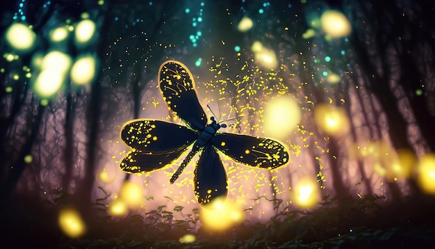 A dragonfly in the forest with a glowing light