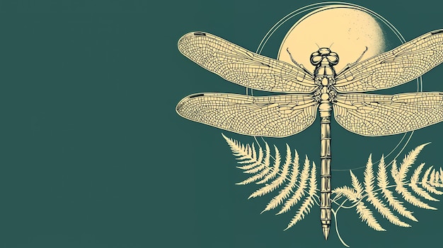 Dragonfly Illustration with Ferns and Moon