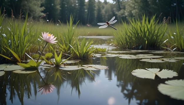 a dragonfly is flying over a pond with water lilies