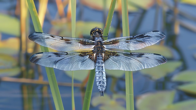 A dragonfly is perched on a reed in front of a blurred background of water and plants The dragonfly is blue and black with long transparent wings