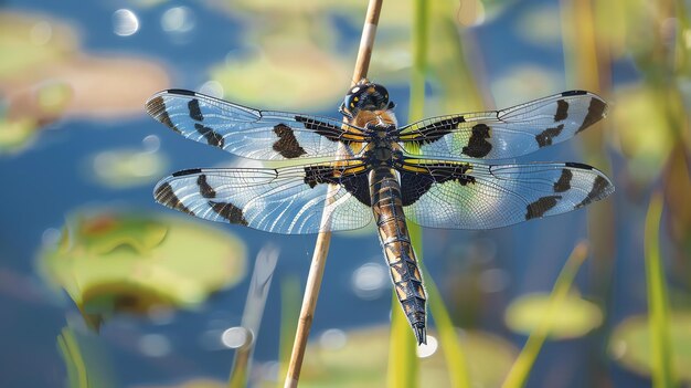 A dragonfly is perched on a stalk The dragonflys wings are spread out and its body is facing the viewer