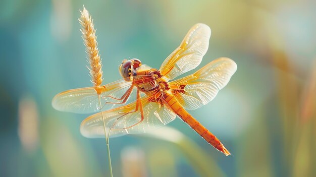 A dragonfly is perched on a stalk of wheat The dragonflys wings are outspread and its body is long and thin