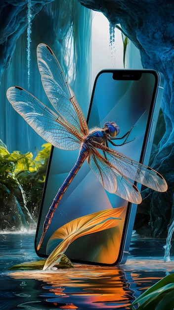 a dragonfly is on a phone with a dragonfly on the screen Generative AI