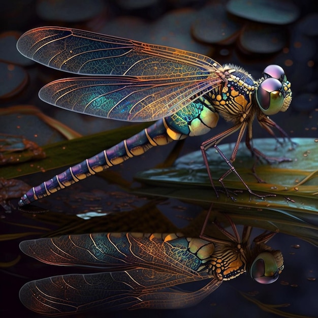 A dragonfly is reflected in a pond.