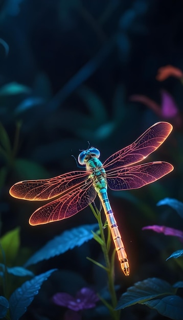 a dragonfly is sitting on a plant and is in front of a fish tank