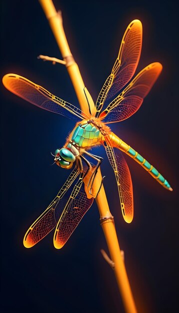 a dragonfly is on a stick with the word dragon on it