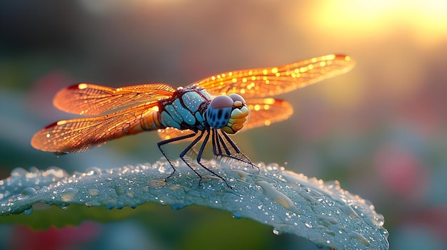 Dragonfly on a Leaf with Dew Drops Close Up Nature Photography