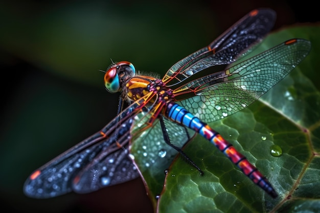 Dragonfly perched on a green leaf Generative AI