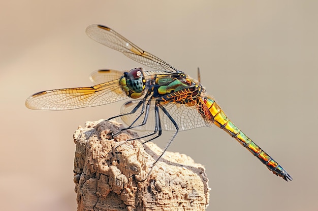 A dragonfly perched on the tip of an earthen post its iridescent wings shimmering in sunlight again