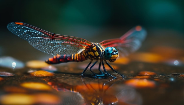 Dragonfly resting on wet leaf vibrant colors in nature beauty generated by artificial intelligence