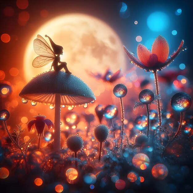 Photo a dragonfly sits on a flower field with the moon behind it