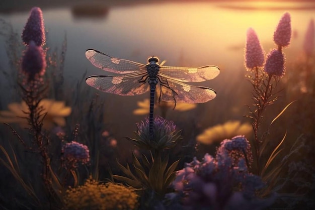 A dragonfly sits on a flower in a field.