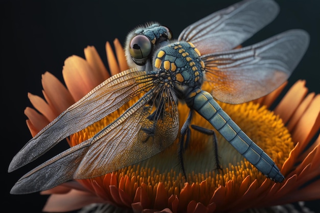 A dragonfly sits on a flower with a black background.