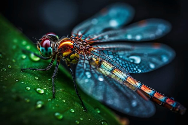 A dragonfly sits on a leaf with water droplets on it.