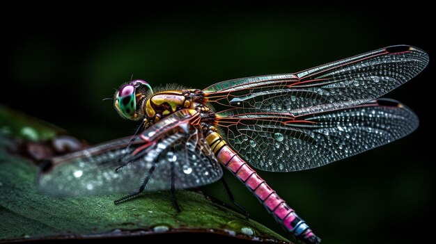 A dragonfly sits on a leaf with the word dragonfly on it.