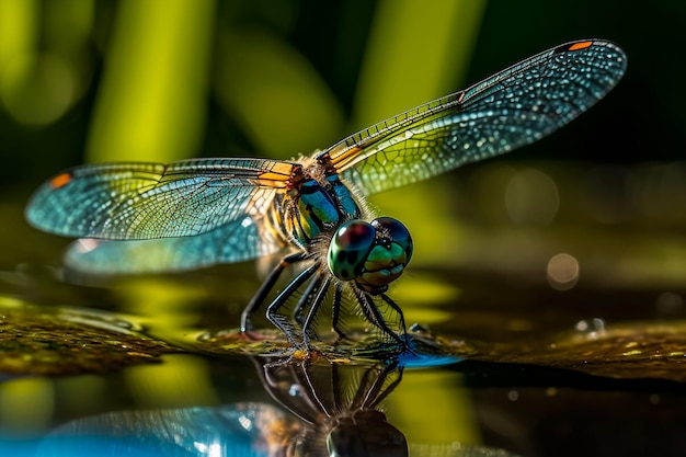 A dragonfly sits on a water surface with the sun shining on its wings.