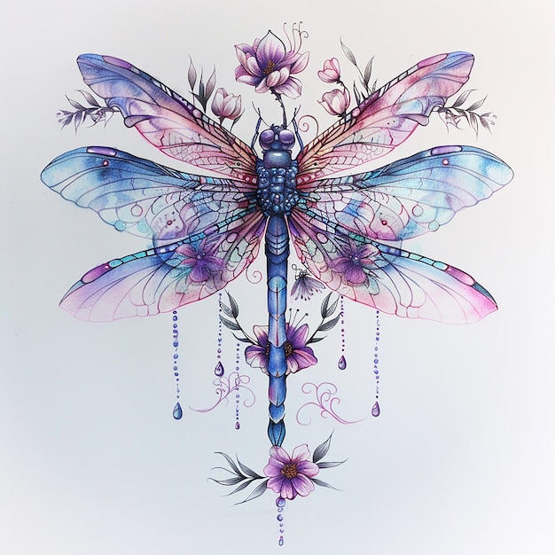 dragonfly tattoo design blue pink purple symmetrical flower in nouveau style white background