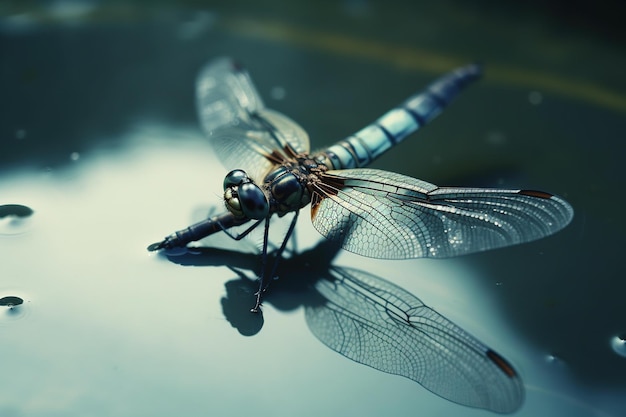 Dragonfly on the water with a blue and green dragonfly on the water.