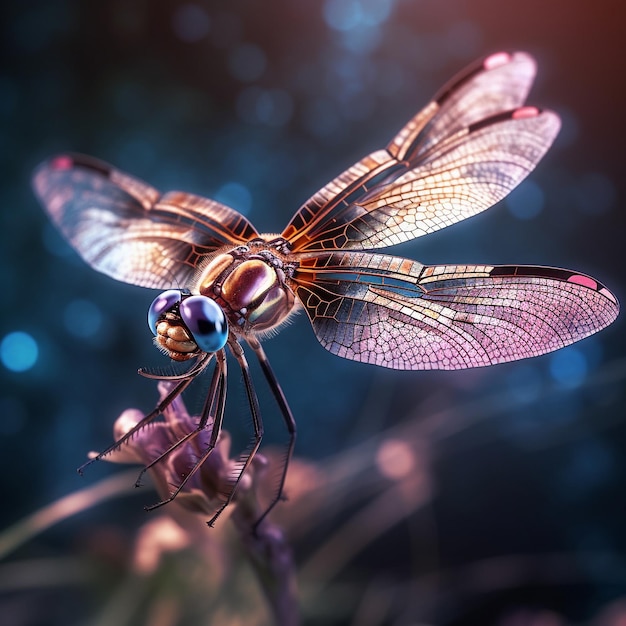 A dragonfly with blue eyes and pink spots on its wings is flying.