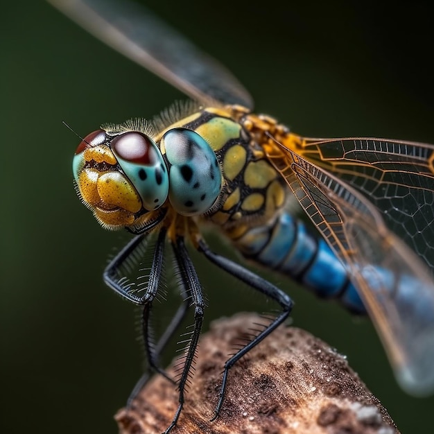 A dragonfly with blue and green wings and yellow and black markings.