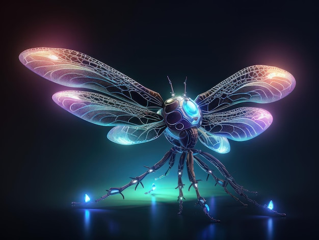 A dragonfly with blue and orange lights is in front of a dark background.