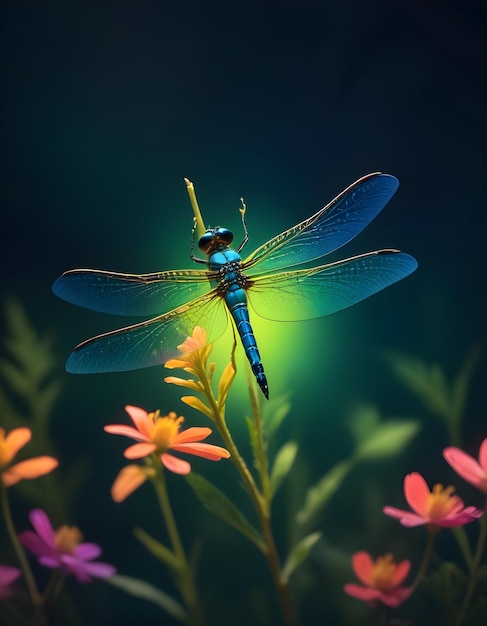 a dragonfly with a blue tail is sitting on a plant