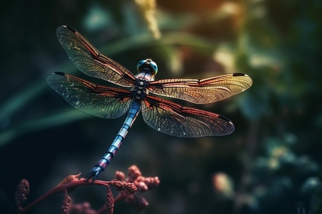 A dragonfly with blue wings and blue stripes sits on a branch.