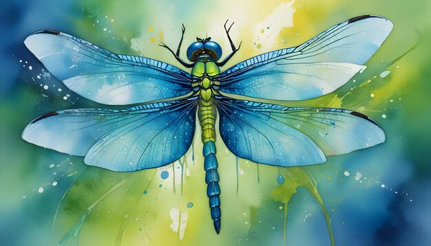 a dragonfly with a blue wings has a dragonfly on it