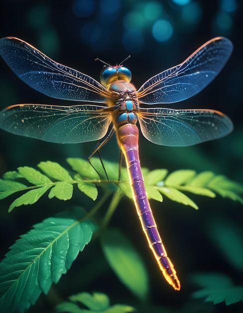 a dragonfly with blue wings is sitting on a plant