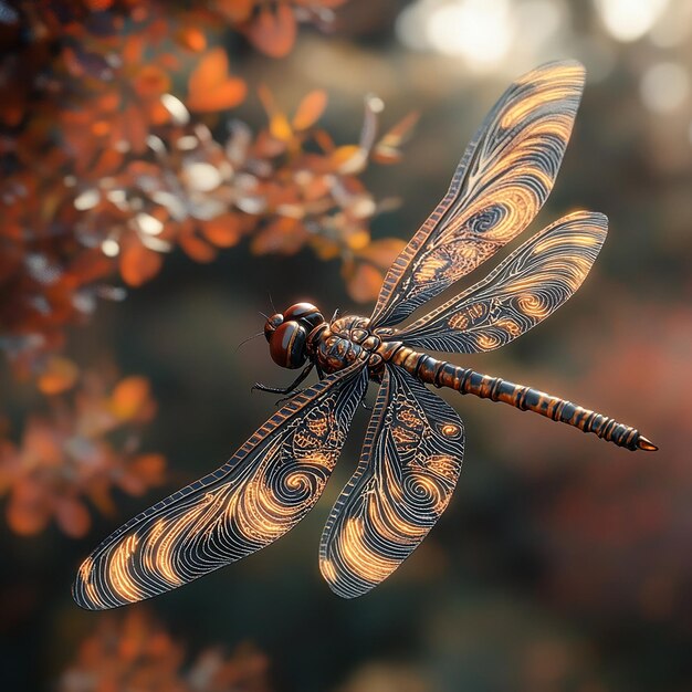 Photo a dragonfly with a brown and orange pattern on its wings