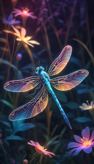 dragonfly with a colorful body and wings on the wings