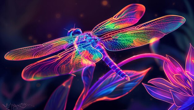 Photo a dragonfly with colorful wings is sitting on a black background