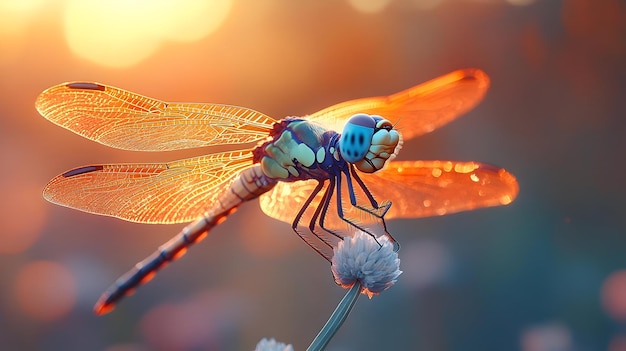 Dragonfly with Detailed Wings in Sunset Light Photographic Art