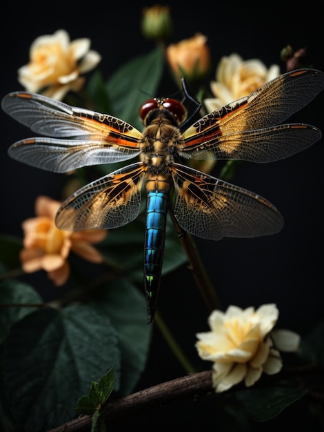 Dragonfly with flower on a black background