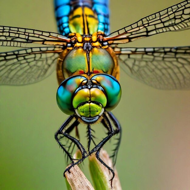 a dragonfly with a green face and blue eyes