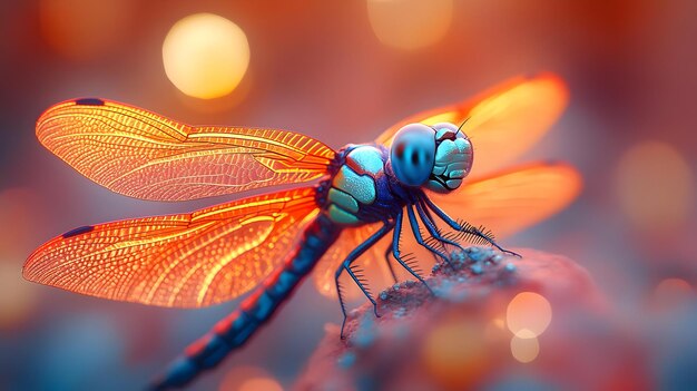 Dragonfly with Orange Wings on a Rock Illustration