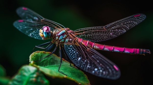 A dragonfly with pink and green wings sits on a leaf.