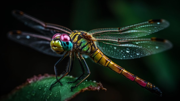 A dragonfly with a pink and green wings sits on a leaf.