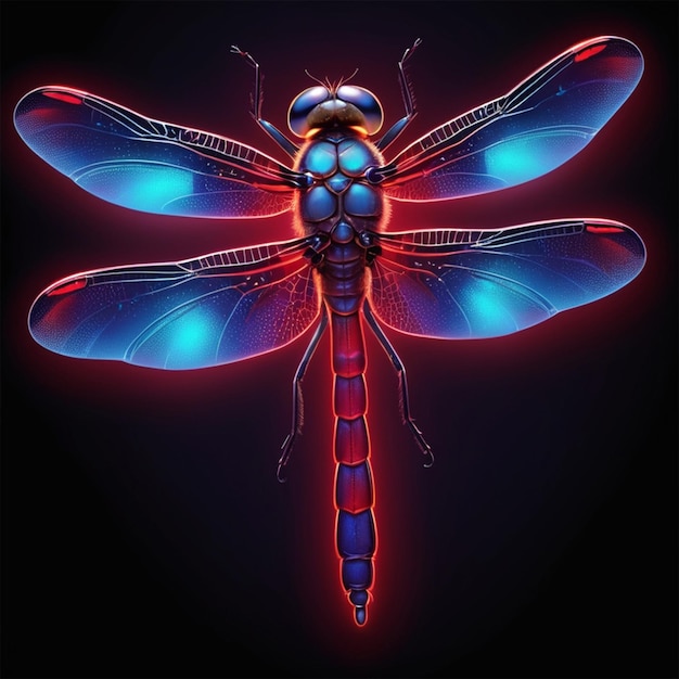 a dragonfly with a red and blue body and a blue and red neon sign that says dragonfly