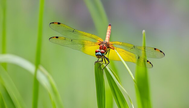 a dragonfly with red wings is sitting on a blade of grass