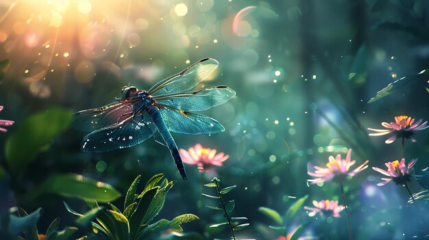 dragonfly with the sun shining through the leaves