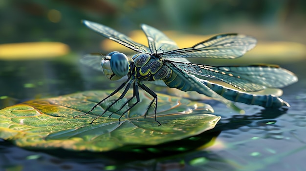 A dragonfly with translucent wings rests on a lily pad in a pond