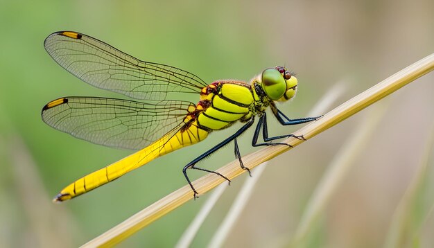 a dragonfly with a yellow body and green wings sits on a branch