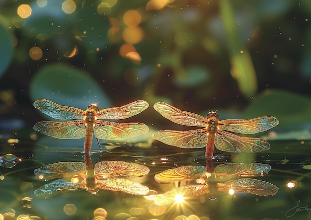 dragonflys are swimming in the water with the sun shining on them