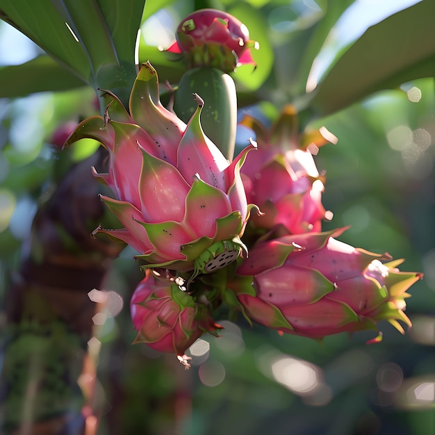 Dragonfruit fruit tree with ripe and green leaves in sunlight