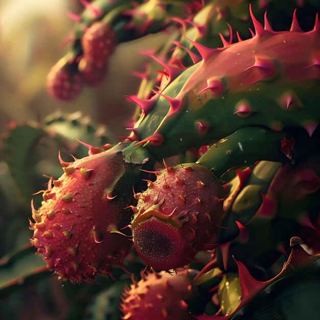 Dragonfruit fruit tree with ripe and green leaves in sunlight